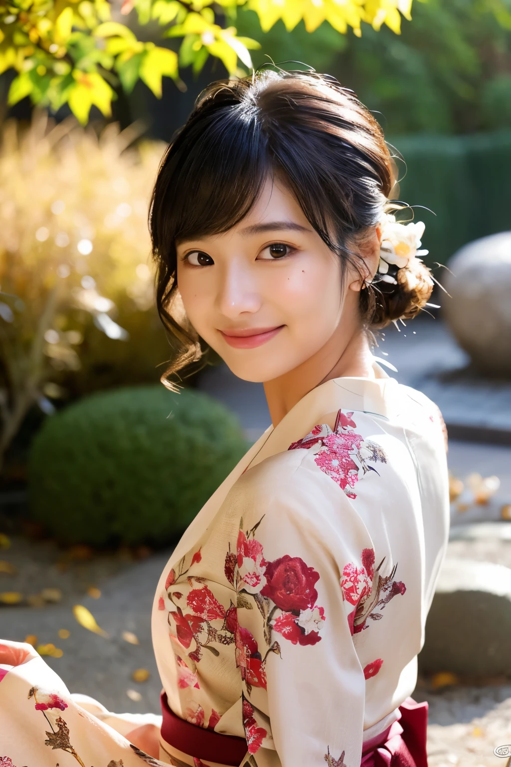(realistic:1.3), rembrandt lighting, (masterpiece:1.2), (photorealistic:1.2), (best quality), (detailed skin:1.3), (intricate details), ray tracing,1girl, japanese girl, 21 years old, detailed skin texture, (blush:0.5), subsurface scattering, smiling, updo hair, bangs, hair between eyes, hair ornaments, kimono, floral print, wearing edgJF_kimono, seiza (bright sunny day, autumn setting, autumn trees and leaves, (zen garden:1.2)