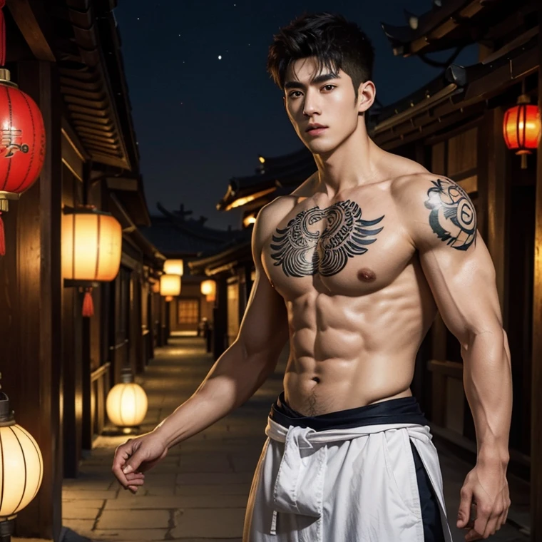 Alafard man shirtless and white brief carrying a backpack, muscular body, handsome, manly, inspirite by Zhang Han, Cai Xukun, Kim Do-young, Inspired by Bian Shoumin, Inspired by Xiao Yuncong, yihao ren, yanjun cheng, jinyiwei, inspired by Huang Gongwang, xintong chen, Jacket, wearing japanese loincloth,nice bare butts, Tattoo chest, tattoo hands, tattoo arms, tattoo belly, clear studio light, night ancient chinese town background, detailed background, fantasy Chinese themed, the best resolution, 8k, Ultra fullHD, look at the viewer, catching eyes