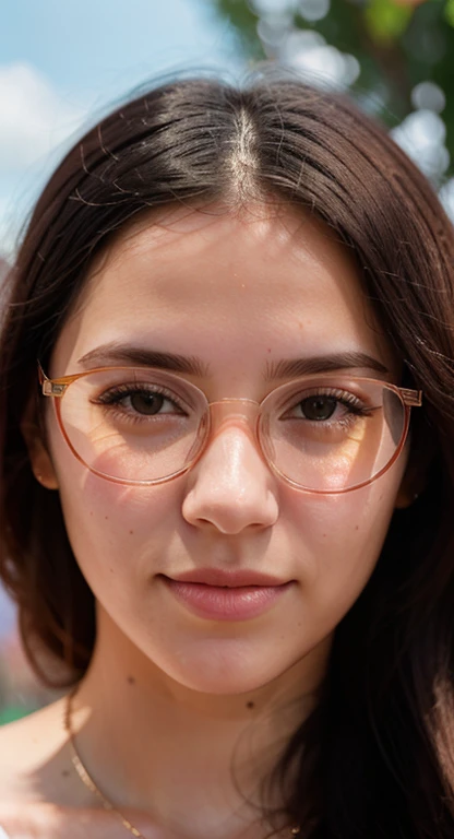 portrait close up of a beautiful woman with transparent glasses named Lora shot with sunlight, Style: hyper-realistic photograph, Camera: Canon EOS 5D Mark IV DSLR, Camera Settings: f/5.6 aperture, 1/125 second shutter speed, ISO 100
