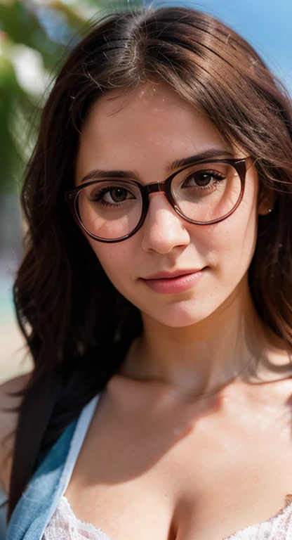 portrait close up of a beautiful woman with transparent glasses named Lora shot with sunlight, Style: hyper-realistic photograph, Camera: Canon EOS 5D Mark IV DSLR, Camera Settings: f/5.6 aperture, 1/125 second shutter speed, ISO 100