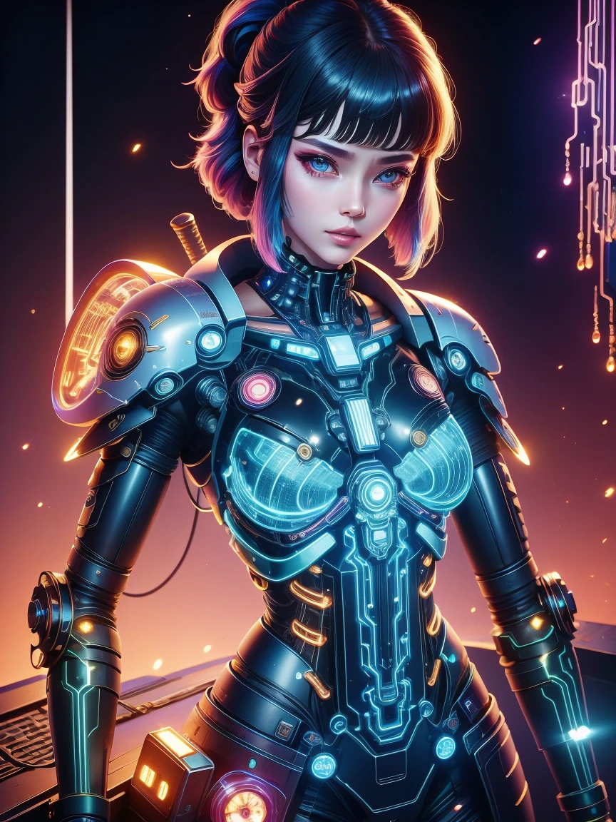 (Neon)，Circuit Board，(1 Mechanical Girl)，(Holding a sword:1.3)，shadow，Super sharp，(Metal)，(Cool colors)，Rendering on cgsociety，Facing the camera，Mechanical limbs，Mechanical cervical vertebra hanging on the neck，(Ghost in the Shell:1.3)，Anime art style，Looking at the audience，(Ultra-realistic details)，玻璃般闪闪Luminescence的眼睛，模糊dream，Muscle tone and definition，High contrast eyes，finely detailed features，Stunning colors，Movie lighting effects，Ultra wide angle，Light Particles，Light Particles艺术，(Luminescence:1.1), adamxl acg，(Exquisite and perfect demeanor:1.3)，(dream)，(Ultra HD, masterpiece, precise, Anatomically correct, textured skin, High Detail, high quality, The award-winning, 8k)