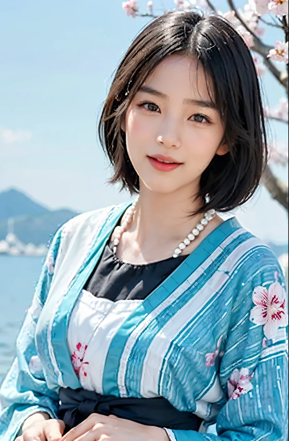 high quality,8k,High resolution,(Realistic:1.37),(Very detailed),(最high quality,4K),(masterpiece:1.2),wallpaper,Awareness-raising,personal,Japanese ,Short black straight hair,Perfect Skin,Beautiful and delicate eyes,Attractive delicate lips,cheeks turn a little red,fine long eyelashes,Soft daylight lighting,(Sharp focus),Soft refraction of sunlight,(Vibrant colors),(Studio Lighting),slight sweat,(Japan kimono),(Blue sky and white clouds),(Long eyebrows),(Large Eyes),(An innocent smile),(Confident posture),(clear&white),(Pink skin),(Thin fingers),(Soft Makeup),(Chest hold position),(Good clothes),(Pearl Necklace),(rich background),(Natural scenery),(絵のように美Shii scenes),(sunset),(Cherry Blossom),(Traditional Culture),(grace),(A sophisticated face),(Breeze),(Fairyland on Earth),(絵のように美Shii),(like々Shii),(There is a smile on his face),(Bright Eyes),(Laugh brightly),(Charming Bag),(likeくて美Shii),(Close-up of the shooting angle),(Soft and feminine)