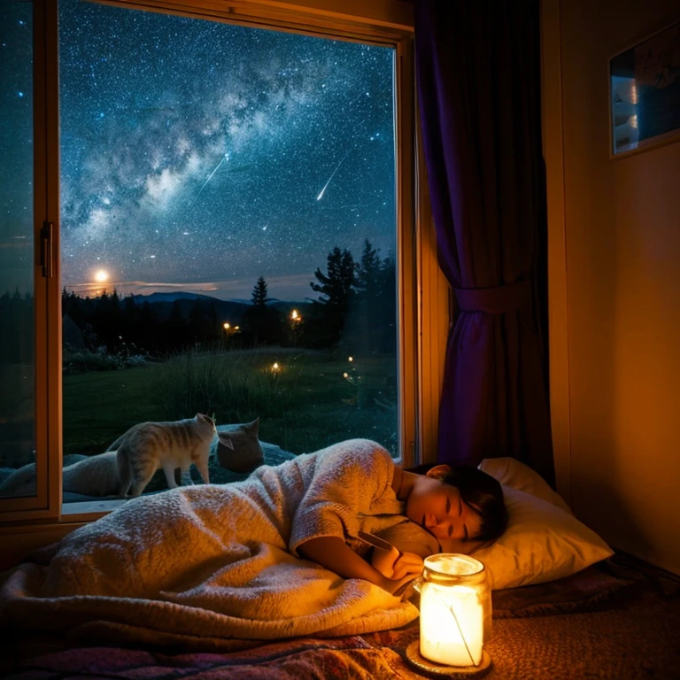 night、Outside the window is a starry sky、A girl is sleeping with a cat in a beautiful room、
