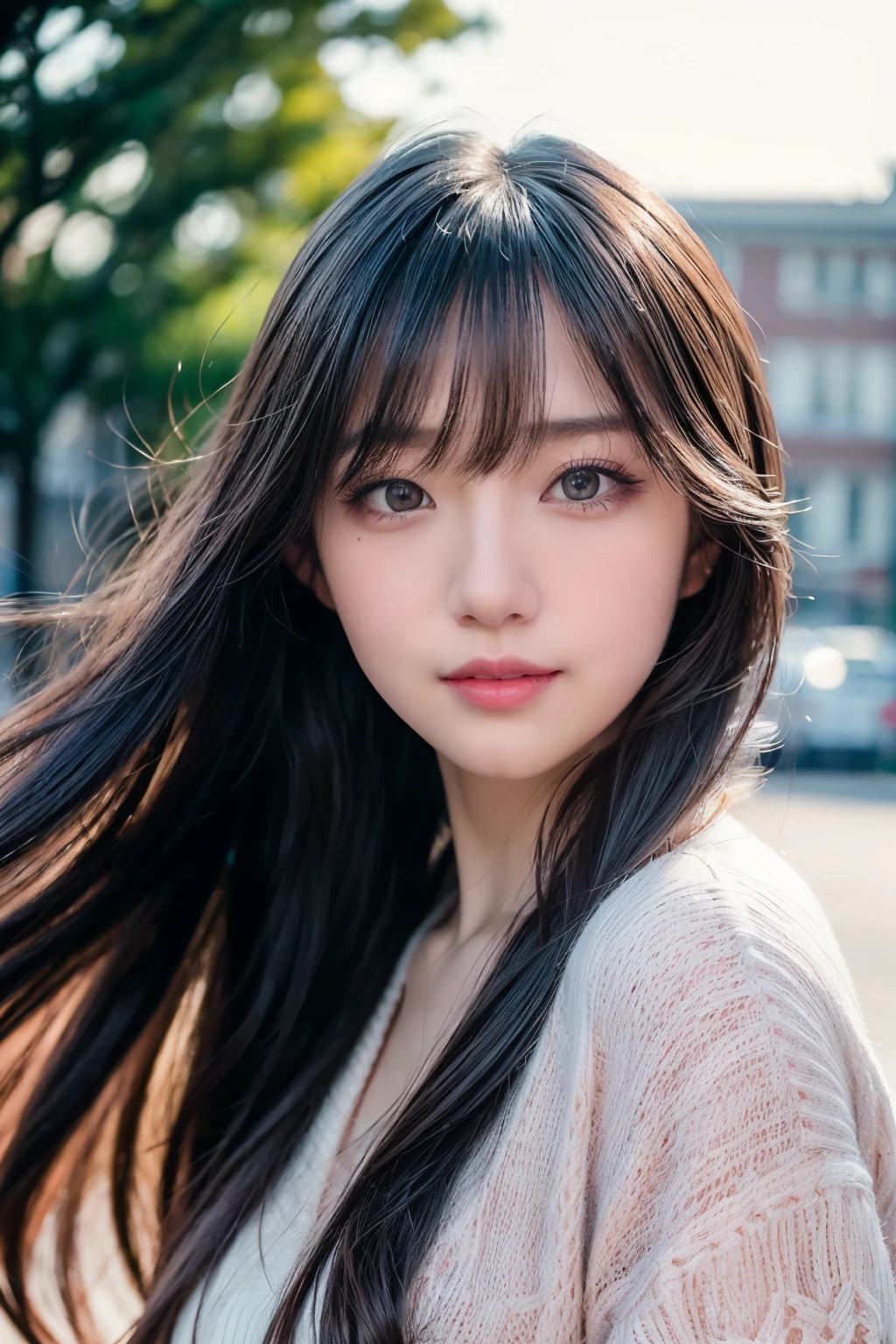 (8k, Best Quality, Masterpiece:1.2), (Realistic, Photorealistic:1.37), Ultra Detail, 1 Girl,Cute,Solo, Portrait, street photography, natural light, bokeh, Chinese beauty, long silky hair, chic and comfortable, casual clothing, Beautiful Detailed Sky,Date,(Blush),(Smile:1.15),Beautiful Detailed Eyes,(Long Hair: 1.2),Floating Hair NovaFrogStyle