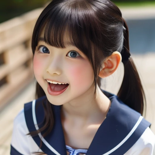 Japanese,,Twin tails,,Full body photo,look up,Please open your mouth wide,Sticking out tongue,Showing tongue,cute,Summer sailor uniform,Sitting