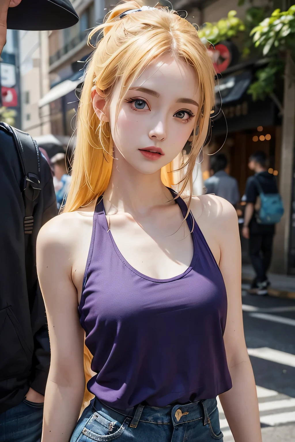 1girl, yamanaka ino in anime naruto, long hair, yellow hair, blue eyes, beautiful, purple clothes,realistic clothes, purple low rise, purple tank top, medium breast ,detail clothes, outdoor background, ultra detail, realistic
