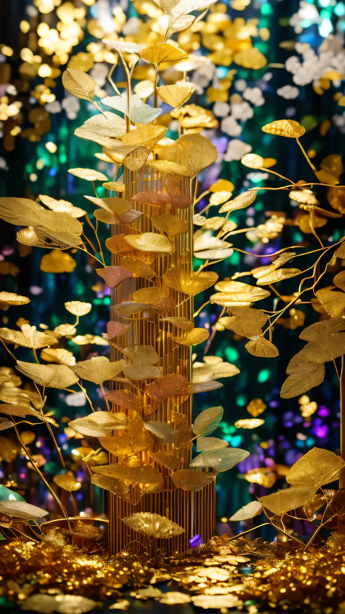 highest quality, Super quality, 16k, RAW Photos, Realistic, Incredibly absurd, Very detailed, delicate, Flashy and dynamic depiction, Translucent gemstone pillar, Rainbow light reflecting off the screen, And that (Gold Leaf:1.3) curtains hanging from them swaying in the Wind, Wind, Wind-effect, (Motion Blur:1.5), Blended Art, Mixture Art, design art