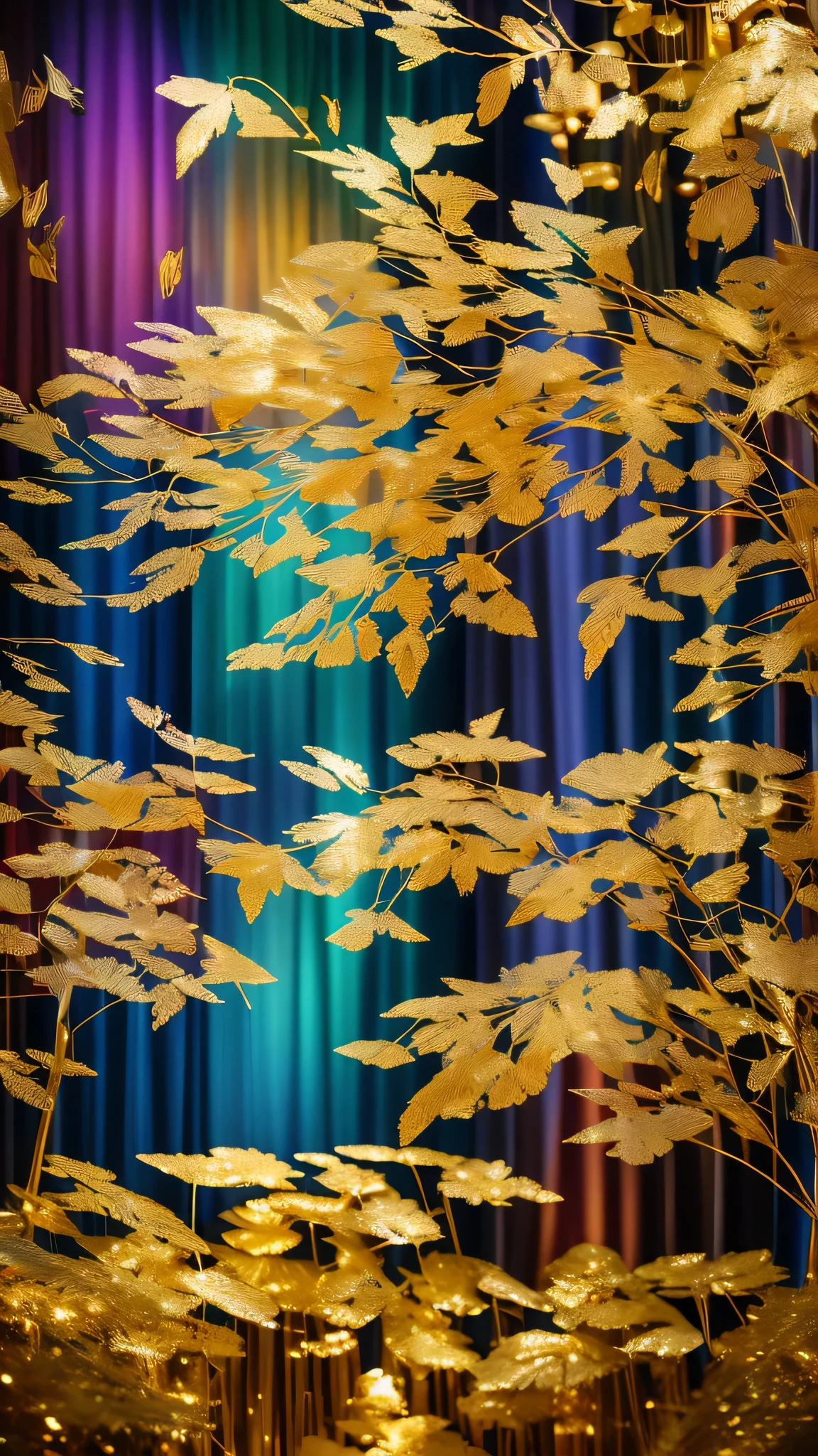 highest quality, Super quality, 16k, RAW Photos, Realistic, Incredibly absurd, Very detailed, delicate, Flashy and dynamic depiction, Translucent gemstone pillar, Rainbow light reflecting off the screen, And that (Gold Leaf:1.3) curtains hanging from them swaying in the Wind, Wind, Wind-effect, (Motion Blur:1.5), Blended Art, Mixture Art, design art