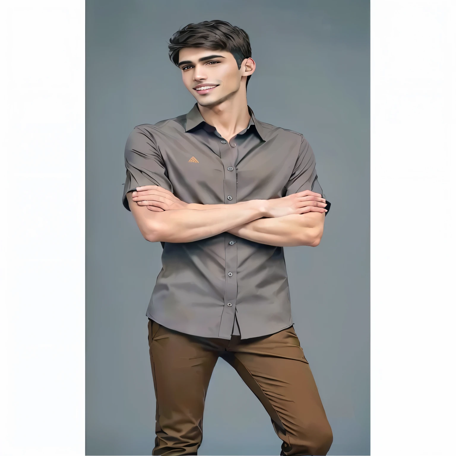 arafed man in a brown camisa and brown pants posing for a picture, brown camisa, elegant slim beige camisa, imagen del anuncio, ropa casual moderna, artem, centro de imagen, wear's beige camisa, vista de cuerpo completo, camisa, dress camisa, caquis, Imagen oficial del producto., foto del catalogo, male model, basic, ropa casual moderna, red camisa brown pants
