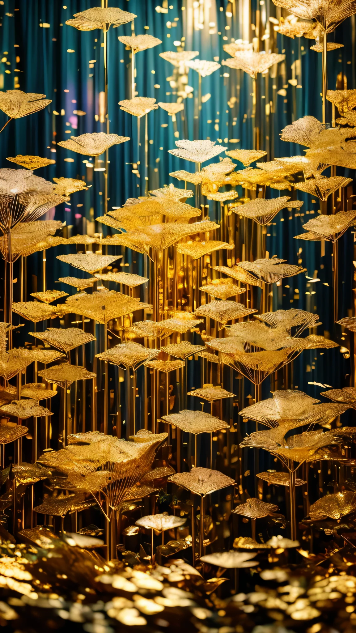 highest quality, Super quality, 16k, RAW Photos, Realistic, Incredibly absurd, Very detailed, delicate, Flashy and dynamic depiction, Translucent gemstone pillar, Rainbow light reflecting off the screen, And that (Gold Leaf:1.3) curtains hanging from them swaying in the Wind, Wind, Wind-effect, (Motion Blur:1.5), Blended Art, Mixture Art, design art