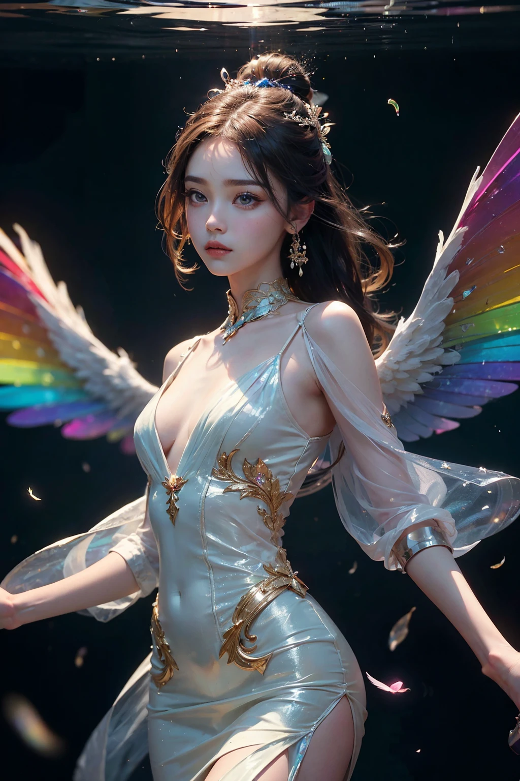 (((masterpiece))), (((best quality))), ((ultra-detailed)), ((an extremely delicate and beautiful)),cinematic light, Create a stunning fantasy artwork that mimics the style of currently trending masters of the genre. The art piece should contain elements of both mythic fantasy and fairytale fantasy with dreamy rainbow accents. ((Utilize the rainbow as the main color scheme.)) The character in the artwork is a delicate but strong figure with an aura of mystery and magic and (beautiful translucent rainbow wings). Pay close attention to intricate facial features, such as mesmerizing eyes with vibrant colors and bold shading,The character's clothing should be designed with gossamer feathers, silk, stunning embroidery, and subtle iridescent details. Incorporate (((translucent rainbows))), dreamy colors, dynamic lighting, and detailed background elements to create a sense of awe and immersion. Include colorful flying magical birds and jewel-toned rainbow butterflies radiating a magical aura. Consider the latest trends in fantasy art, such as incorporating unique lighting effects, exploring dynamic and compelling composition techniques, and experimenting with unique color palettes. Take inspiration from the top artists on ArtStation and Midjourney. Camera: Choose an angle that highlights the character's beauty and enhances the magical majesty of the artwork. Lighting: Utilize atmospheric lighting techniques to create depth and mood. Resolution: Aim for a high-resolution artwork to showcase intricate details and clarity. Art Inspirations: Seek inspiration from the trending artists on ArtStation, exploring different styles, genres, and themes.,The main girl is super beautiful,Are thin,Slim figure,Small Bust,Beautiful long and slender eyes,Korean Beautiful Girl,Genius Ballerina,Angel's messenger beautiful girl,Slim figure,The best ballerina expression,Eyes that stare intently at the other person,A transparent costume made of vinyl that reveals the flesh,Korean Beautiful G