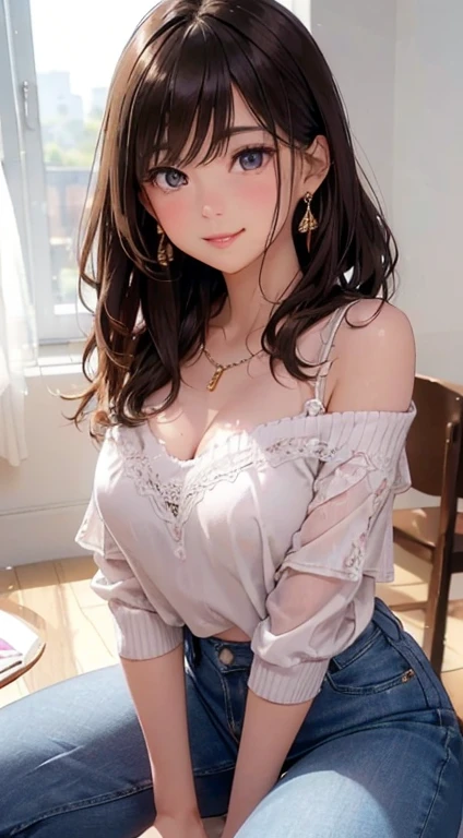 (Tabletop: 1.3), (Maximum resolution: 1.2), (Ultra HDTV: 1.2), Cinematic light, Ultra HDTV, (Fine grain and skin), (Detailed facial features), Hmph, 8k resolution, Sharp focus: 1.2, Perfect Style, Beautiful Face, Perfect body, Accurate, Anatomically correct, Highly detailed face and skin texture, Fine grain, Dark blue eyes, double eyelid, Thin eyebrows, Glitter Eyeliner: 1.2, natural cheeks, Glowing Skin, Fair skin: 1.2, Shiny little necklace and earrings, (Glossy Lips: 1.4), break, First Person View, (She is a very cute female teacher), (Pink lace panties), (Captivating smile: 1.2), ((Pure and cute girl:1.3)), (Long Wavy Hair), (Light Brown Hair:1.2), (Cowboy Shot: 1.2), break, ((Very close relationship: 1.2)), Medium large breasts, ((View your viewers:1.2)), ((Boutique 1.2)), ((Bend your knees and open your legs wide:1.2)), (From the side:1.2),Low angle shot,Off-the-shoulder sweater Tight jeans mini skirt Embarrassed look Kamimei