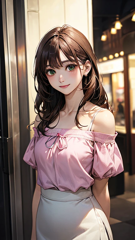 (masterpiece:1.2, highest quality), (Realistic, photoRealistic:1.4), Beautiful illustrations, (Natural Side Lighting, Cinema Lighting), Browsing Caution, 
View your viewers, 1 girl, Japanese, high school girl, Perfect Face, Cute and symmetrical face, Shiny skin, 
(Long Hair:1.5, Straight hair:1.4, Wine brown hair), Swept-apart bangs, Emerald Green Eyes, Long Eyelashes, (Medium chest), thin, 
Beautiful Hair, Beautiful Face, Beautiful fine details, Beautiful clavicle, Beautiful body, Beautiful breasts, Beautiful thighs, Beautiful feet, Beautiful fingers, 
((pink off shoulder tops、Puff sleeves、Short sleeve、Short length tops, White Skirt)), 
(Beautiful views), evening, (Shopping mall), walking, (Cute smile, Upward glance),