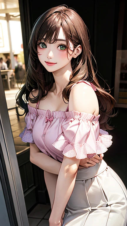 (masterpiece:1.2, highest quality), (Realistic, photoRealistic:1.4), Beautiful illustrations, (Natural Side Lighting, Cinema Lighting), Browsing Caution, 
View your viewers, 1 girl, Japanese, high school girl, Perfect Face, Cute and symmetrical face, Shiny skin, 
(Long Hair:1.5, Straight hair:1.4, Wine brown hair), Swept-apart bangs, Emerald Green Eyes, Long Eyelashes, (Medium chest), thin, 
Beautiful Hair, Beautiful Face, Beautiful fine details, Beautiful clavicle, Beautiful body, Beautiful breasts, Beautiful thighs, Beautiful feet, Beautiful fingers, 
((pink off shoulder tops、Puff sleeves、Short sleeve、Short length tops, White Skirt)), 
(Beautiful views), evening, (Shopping mall), walking, (Cute smile, Upward glance),