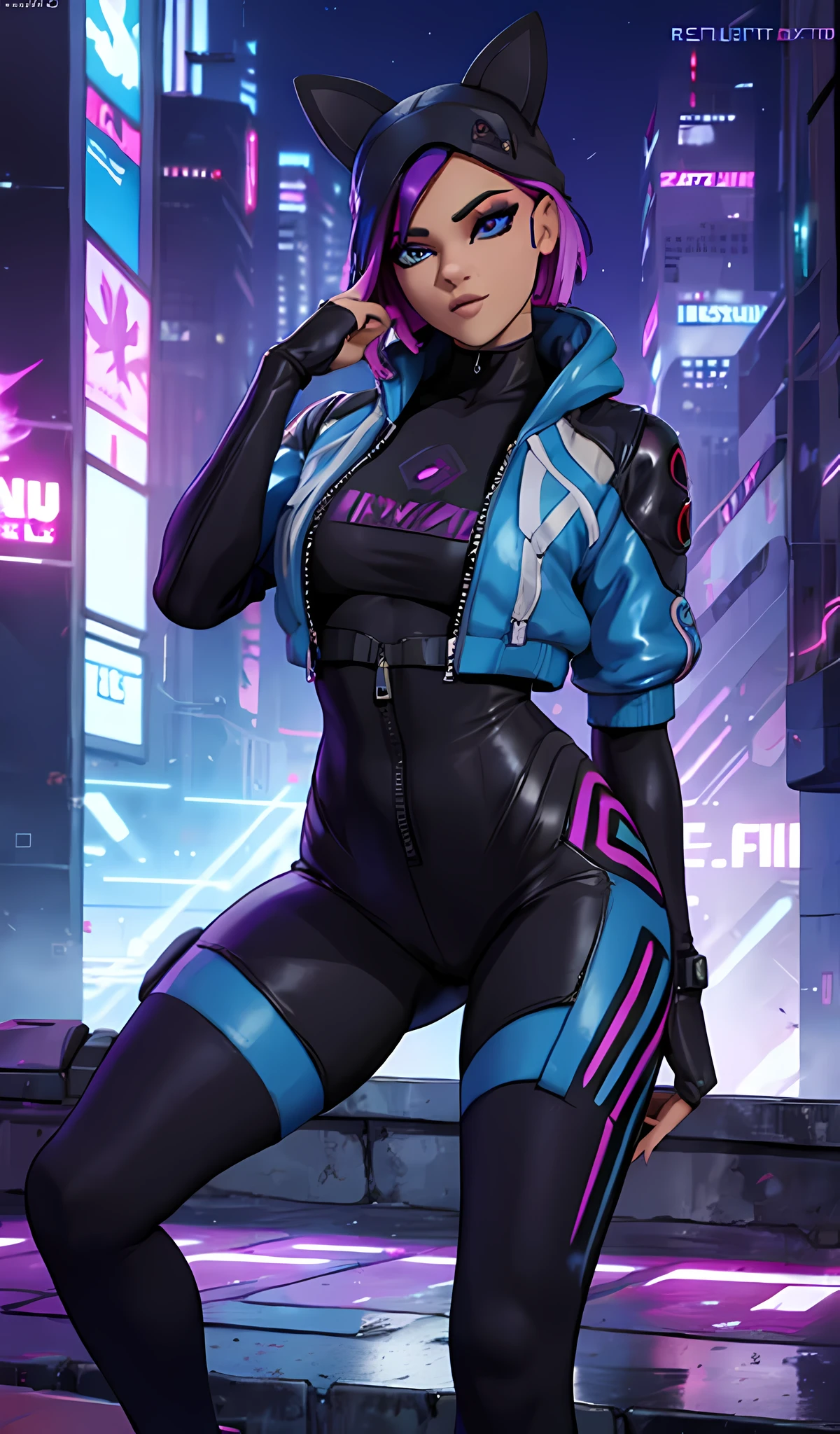 1 chica, sentada, cyberpunk Noche, chaqueta Azul,leggins Negro, Extremadamente detallado, rostro detallado , pies ,hermoso rostro detallado, ojos detallados, dynamic pose