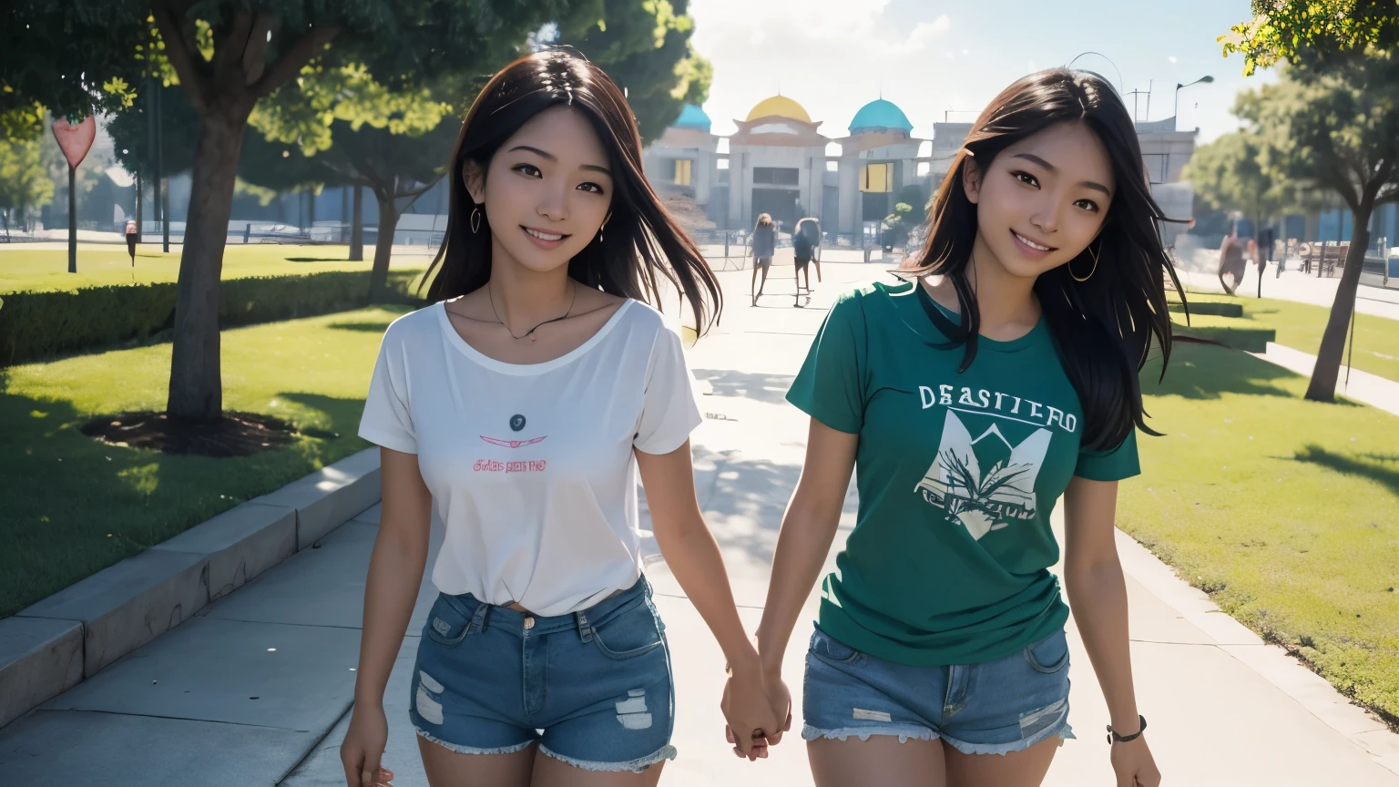 Asian ager, sexy, great body, denim shorts, green tight t-shirt, walking , smile, Ultra detallado, (realista:1.37), grassy field, hermosos ojos detallados, hermosos labios detallados, long eyeslashes, gentle breeze, cheerful expression, vibrant colors, Dreamlike atmosphere, (parkphotography), Bellas Artes, Paleta de colores pastel, natural lighting