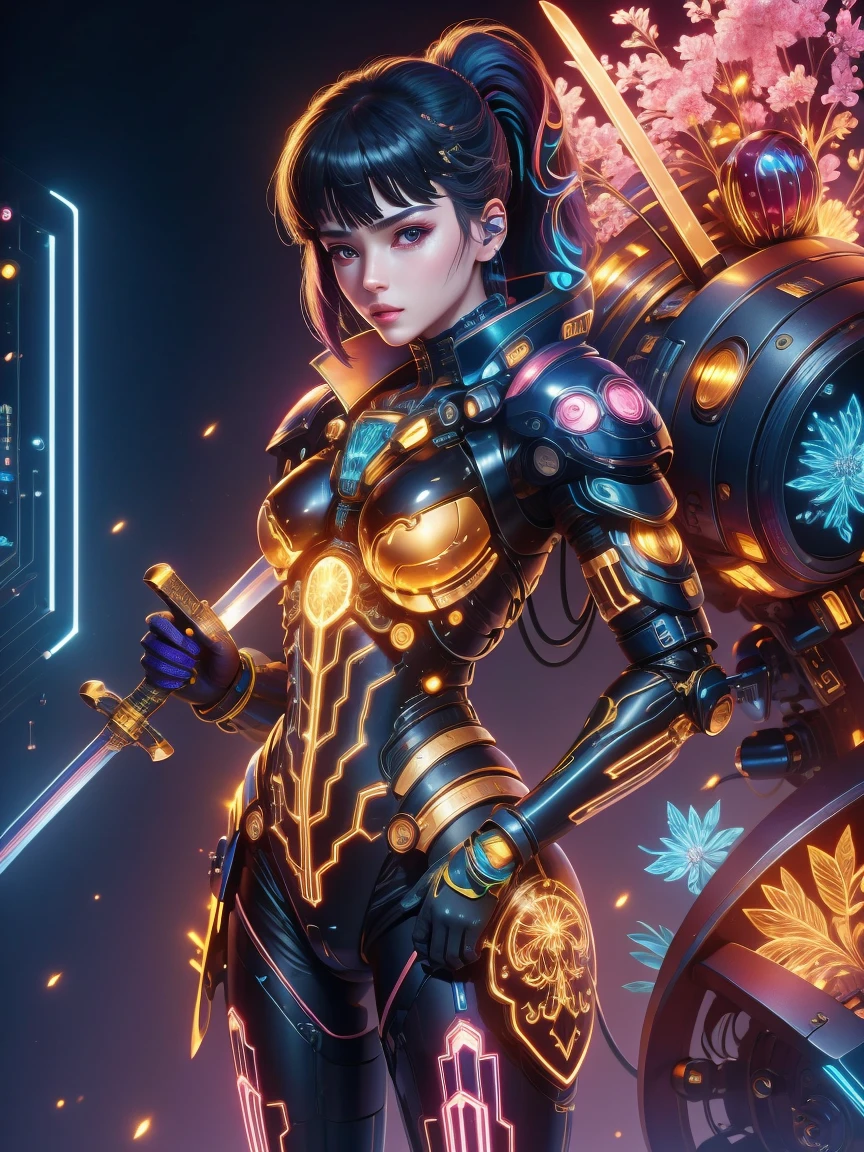 (Neon)，Circuit Board，(1 Mechanical Girl)，(Holding a sword:1.4)，shadow，Super sharp，(Metal)，(Cool colors)，Rendering on cgsociety，Facing the camera，Mechanical limbs，Mechanical cervical vertebra hanging on the neck，(Ghost in the Shell:1.3)，Anime art style，Looking at the audience，(Ultra-realistic details)，玻璃般闪闪Luminescence的眼睛，模糊dream，Muscle tone and definition，High contrast eyes，finely detailed features，Stunning colors，Movie lighting effects，Ultra wide angle，Light Particles，Light Particles艺术，(Luminescence:1.1), adamxl acg，(Exquisite and perfect demeanor:1.3)，(dream)，(Ultra HD, masterpiece, precise, Anatomically correct, textured skin, High Detail, high quality, The award-winning, 8k), Over_shoulder