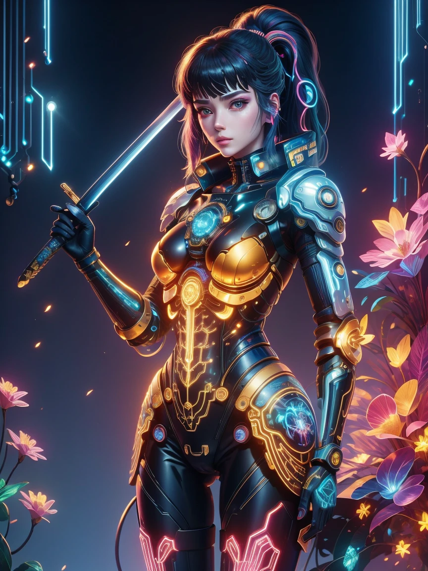 (Neon)，Circuit Board，(1 Mechanical Girl)，(Holding a sword:1.4)，shadow，Super sharp，(Metal)，(Cool colors)，Rendering on cgsociety，Facing the camera，Mechanical limbs，Mechanical cervical vertebra hanging on the neck，(Ghost in the Shell:1.3)，Anime art style，Looking at the audience，(Ultra-realistic details)，玻璃般闪闪Luminescence的眼睛，模糊dream，Muscle tone and definition，High contrast eyes，finely detailed features，Stunning colors，Movie lighting effects，Ultra wide angle，Light Particles，Light Particles艺术，(Luminescence:1.1), adamxl acg，(Exquisite and perfect demeanor:1.3)，(dream)，(Ultra HD, masterpiece, precise, Anatomically correct, textured skin, High Detail, high quality, The award-winning, 8k), Over_shoulder