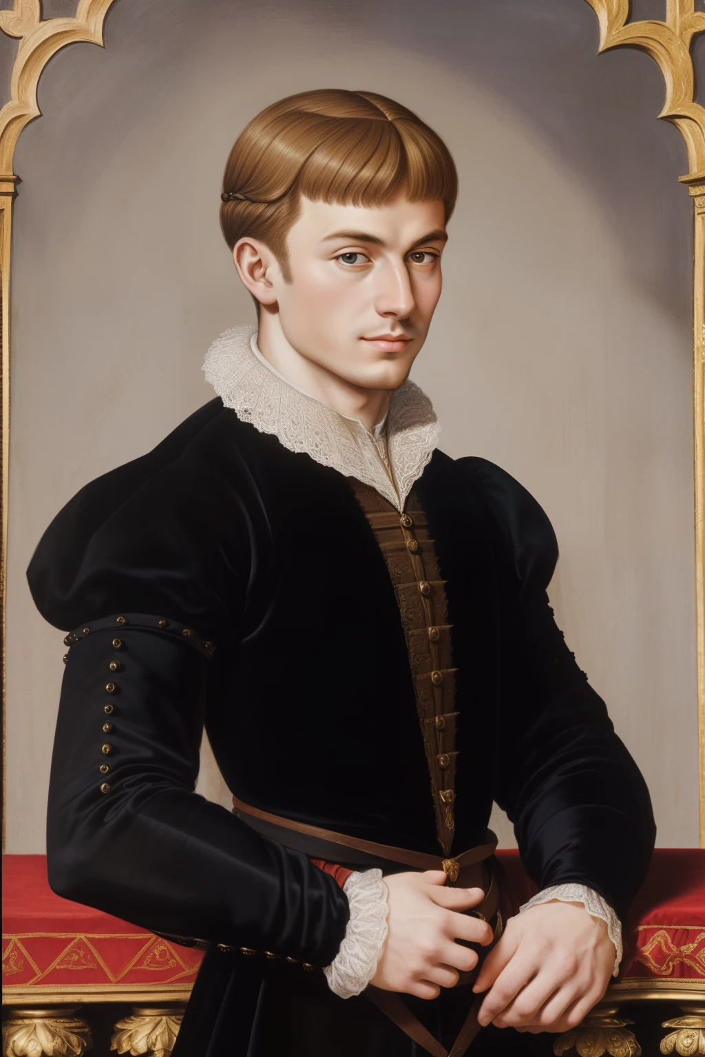 Paris, 1558. A young ((((20-year-old)) Pierre Aumande)), ambitious, evil, cruel, distinguished appearance, strong pressence, in a palace, ((smug expression)), ((((clothings from the 1550s)))), ((blonde hairstyle of the 1550s)), colorful
