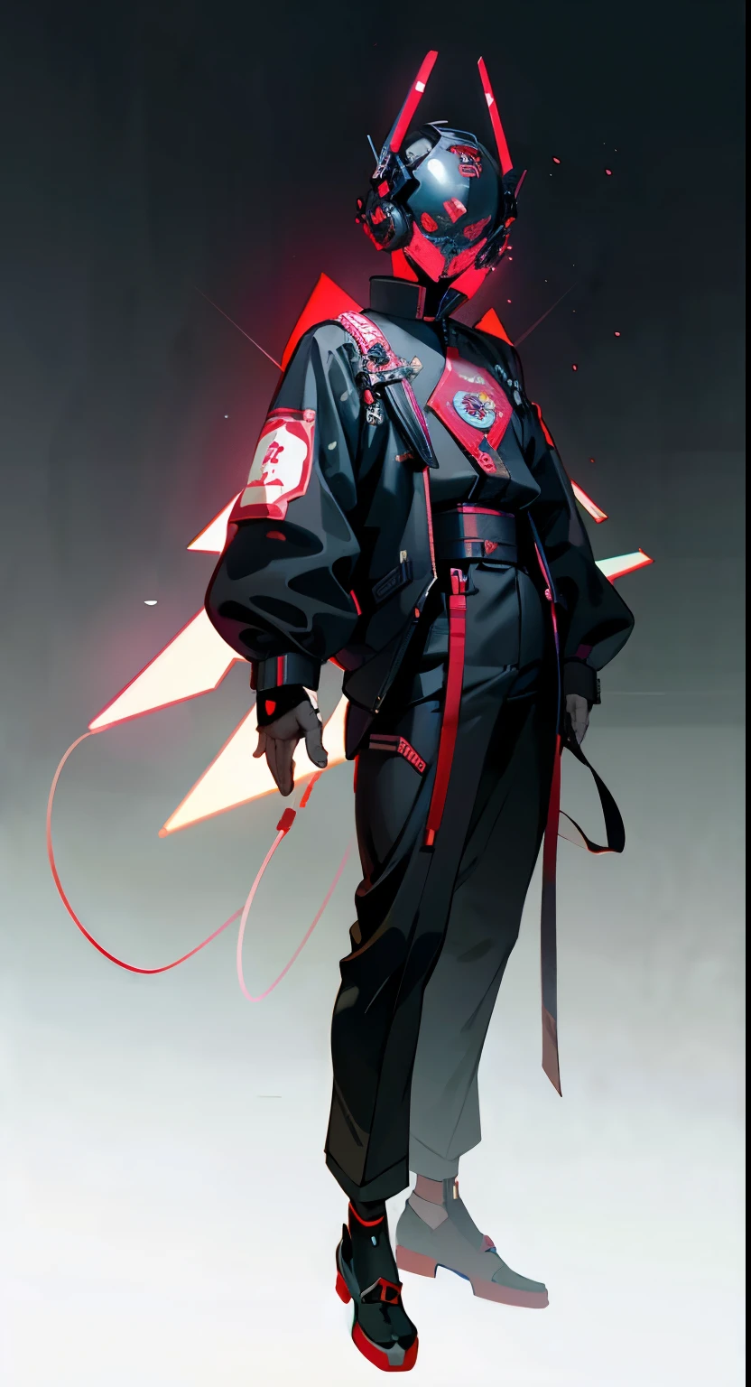masterpiece, best quality, A close-up shot of a futuristic boy，China is black and impermanent，The traditional image of Hei Wuchang，Tradition meets modernity，Mechanical body，Chinese traditional clothing，Wearing a fantastic cyber helmet，Red triangle LED light and halo on the helmet, Wearing a black Techwear jacket with &quot;Peace in the World&quot; written on it, Full body white background