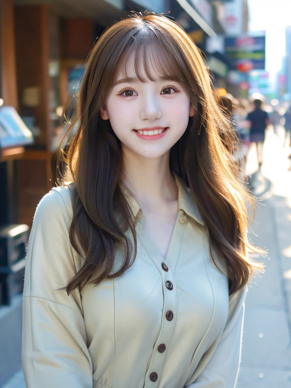 (highest quality, 8k, 32k, masterpiece, Ultra-high resolution:1.2), Ultra-high resolution, (Cute Korean Teenage Girl), Baby Face, Big Breasts, (whole body), Beautiful fine details, Long brown hair, bangs, A light smile, (Busy street in the city:1.3), (Detailed Background:1.3)