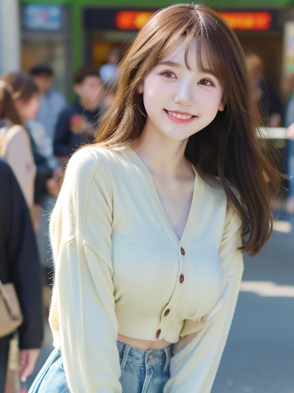 (highest quality, 8k, 32k, masterpiece, Ultra-high resolution:1.2), Ultra-high resolution, (Cute Korean age Girl), Baby Face, Big Breasts, (whole body), Beautiful fine details, Long brown hair, bangs, A light smile, (Busy street in the city:1.3), (Detailed Background:1.3)