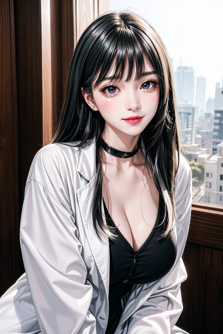 シンプルなwhiteい背景, ribbon_choker,clavicle, length_sleeve, Open_Clothes, Open_Jacket, red_Jacket, white_shirt, 前hair, black_eye, black_hair, dull_前hair,length_hair,Single Blade, 1 girl, 20 years,young woman,beautiful Finger,beautiful length legs,beautiful body, beautiful Nose,beautiful character design, perfect eye, perfect face,expressive eye,Perfect balance, View your viewers,(Focus on her face),Mouth closed, (Innocent_big_eye:1.0),(Light_笑face:1.0), Official Art,Very detailed CG ユニティ 8k 壁紙, Perfect lighting,colorful, bright_front_face_Lighting,whiteい肌, (masterpiece:1.0),(Highest_quality:1.0), 超High resolution,4K,Very detailed, photograph, 8k, High resolution, High resolution, Absurd:1.2, Kodak Portrait 400, Film Grain, Blurred Background, Bokeh:1.2, Lens flare, (Vibrant_color:1.2),プロのphotograph, (beautiful,big_chest:1.4), (beautiful_face:1.5),(narrow_Waist),