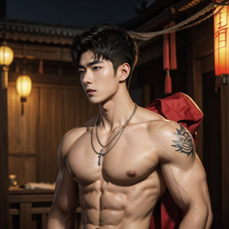 Alafard man shirtless  and white brief carrying a backpack, muscular body, big chest and,  show of the abs,  sexy posture,  handsome,  manly,  inspirite by Zhang Han, Cai Xukun, Kim Do-young, Inspired by Bian Shoumin, Inspired by Xiao Yuncong, yihao ren, yanjun cheng, jinyiwei, inspired by Huang Gongwang, xintong chen, Jacket, wearing japanese loincloth,nice bare butts, Tattoo chest,  tattoo hands,  tattoo arms,  tattoo belly, mess curly fluffy styling hair,  detailed hair,  cool pendent, clear studio light, night ancient chinese town background,  detailed background, fantasy Chinese themed, the best resolution, 8k, Ultra fullHD, look at the viewer,  catching eyes
