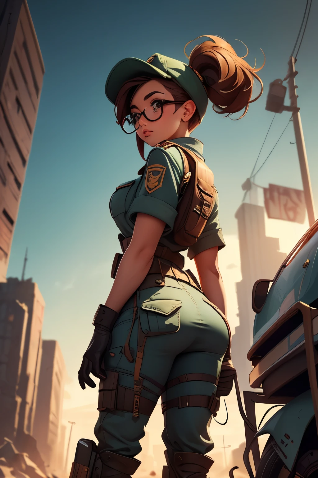 Wide angle, view from behind, a pretty girl messenger, wearing large glasses, undercut hair, wearing postal uniform, in a post-apocalyptic world
