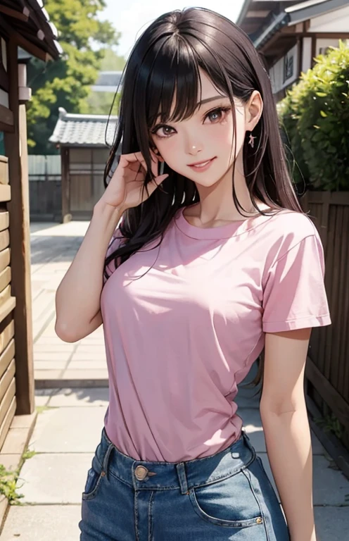 Asian girl from Arafed posing for a photo wearing a pink shirt and blue miniskirt, Chiho, Young slender gravure idol, narumi kakinouchi, mayuri shiina, young gravure idol, takada akemi,long straight black hair, realistic young gravure idol, slim girl model photo, kimi takemura