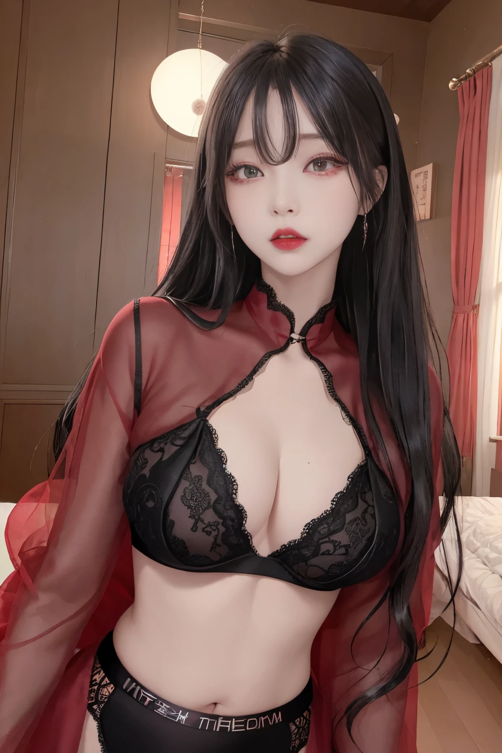 Top image quality、Raw photography、A high resolution、20-year-old cool Korean、big round chest、thin red silk coat、black lace underwear、Beautiful Eyes of Details、very elongated eyes、Beautiful eyelashes、Beautiful double eyelids、eyeshadows、耳Nipple Ring, wearing super tight mini boxers, standing,