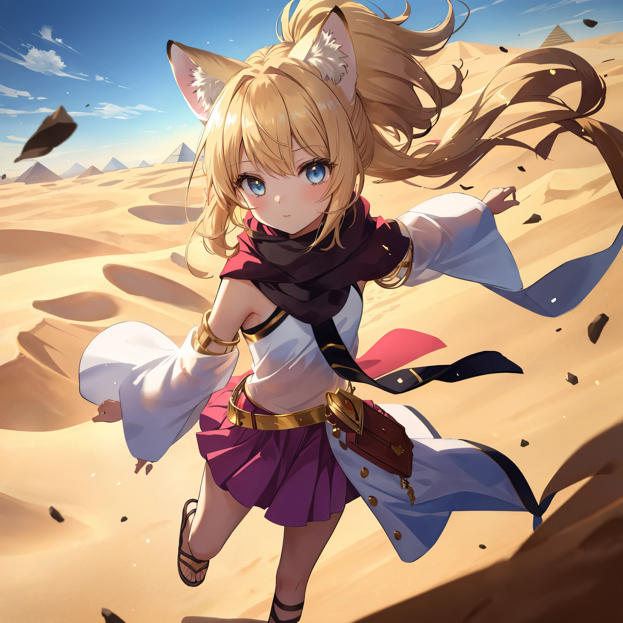 **Theme**: A lively 10-year-old sand cat girl (with sand cat ears and a large tail) running through the desert of Egypt

A 10-year-old sand cat girl, identifiable by her **bright brown or possibly blonde hair**, sand cat ears, and a **large sand cat tail**, is energetically running through the desert of Egypt. The girl's hair is fluttering in the wind, her **bright blue eyes** are fixed forward, heading towards her destination. The girl is wearing a bikini and is partially covered with a **beige cloak** to adapt to the harsh desert environment.

The surroundings are a vast desert, and the **Great Pyramid of Giza** can be seen in the distance. The sky is blue, and the sunlight dyes the desert golden. However, this tranquility is broken by the girl's vitality, and viewers can enjoy the contrast between the peaceful desert scenery and the girl's energy.

Sand is rising from the girl's feet, and the girl's movement is powerful like a beast pouncing on its prey. The girl's purpose is to live each day, and the girl's determination and courage leave a strong impression on the viewer. This moment captures both the girl's adventure and the beauty of the desert.

**Style**: The work should be high resolution, similar to detailed and complex fan art that is trending on official artwork and ArtStation and Pixiv. It should draw inspiration from Kusheart Krentz's original artwork, feminine style, Fate style, Enako style, Nozomi Sasaki style, and Kanna Hashimoto style. It should incorporate a realistic anime 2.5D style or real anime girls style.

**Quality Improvement**: Using the golden ratio 1.2 and drafting board 1.3, it should aim for absurd, highest quality, real, hyperreal, ultra-detailed illustrations. It should be created in 64K ultra-high resolution, producing a beautiful masterpiece of large file size. The resolution of the face should also be high, and the lighting should be perfectly finished. The resolution should be 8K, ultra-high resolution: 1.2, selectable high res