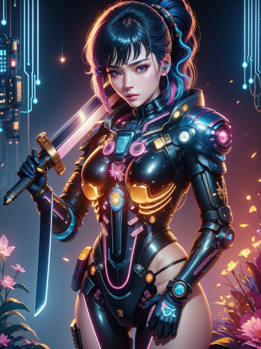 (Neon)，Circuit Board，(1 Mechanical Girl)，(Holding a sword:1.4)，shadow，Super sharp，(Metal)，(Cool colors)，Rendering on cgsociety，Facing the camera，Mechanical limbs，Mechanical cervical vertebra hanging on the neck，(Ghost in the Shell:1.3)，Anime art style，Looking at the audience，(Ultra-realistic details)，玻璃般闪闪Luminescence的眼睛，模糊dream，Muscle tone and definition，High contrast eyes，finely detailed features，Stunning colors，Movie lighting effects，Ultra wide angle，Light Particles，Light Particles艺术，(Luminescence:1.1), adamxl acg，(Exquisite and perfect demeanor:1.3)，(dream)，(Ultra HD, masterpiece, precise, Anatomically correct, textured skin, High Detail, high quality, The award-winning, 8k), Over_shoulder