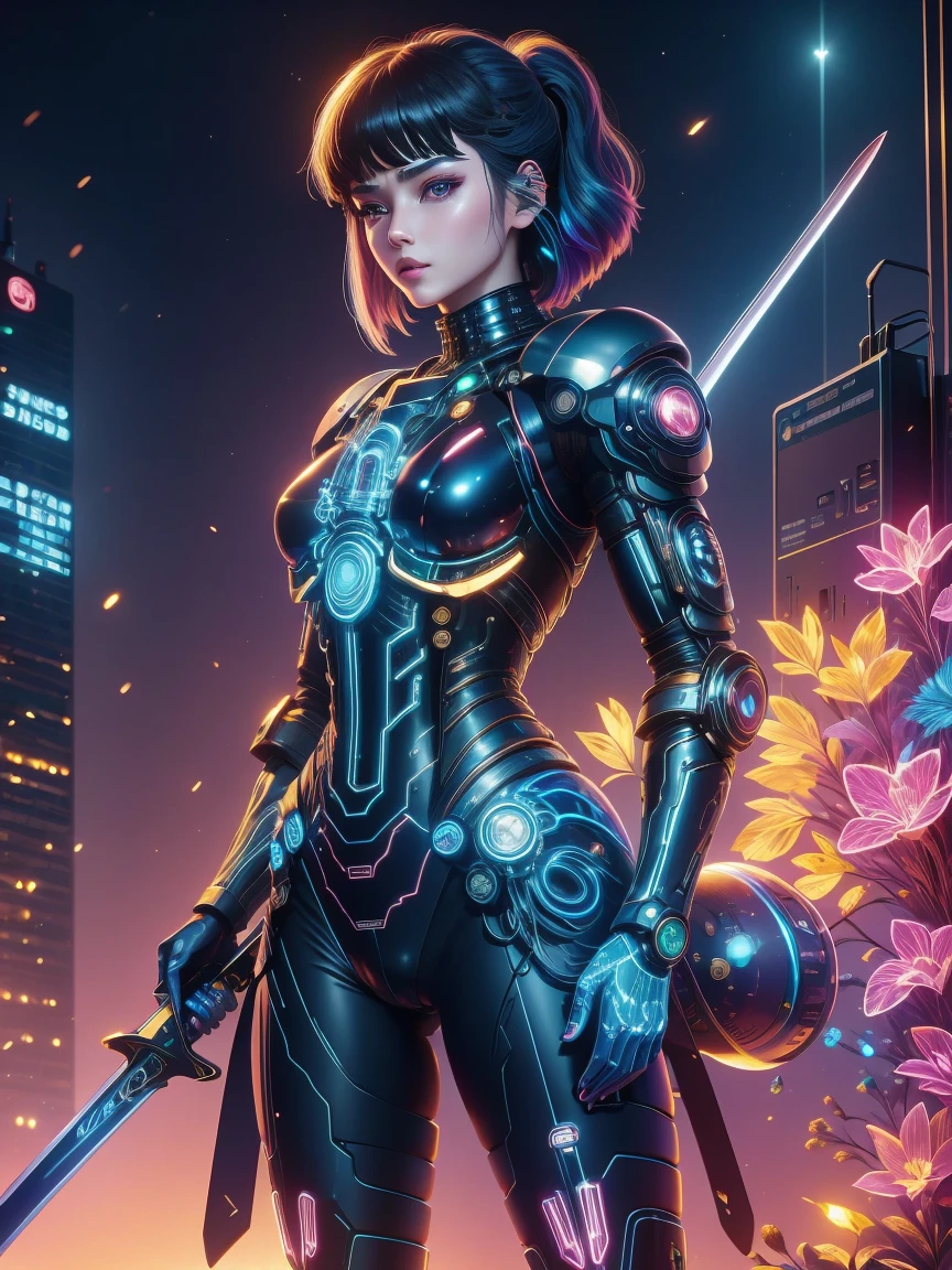 (Neon)，Circuit Board，(1 Mechanical Girl)，(Holding a sword:1.4)，shadow，Super sharp，(Metal)，(Cool colors)，Rendering on cgsociety，Facing the camera，Mechanical limbs，Mechanical cervical vertebra hanging on the neck，(Ghost in the Shell:1.3)，Anime art style，Looking at the audience，(Ultra-realistic details)，玻璃般闪闪Luminescence的眼睛，模糊dream，Muscle tone and definition，High contrast eyes，finely detailed features，Stunning colors，Movie lighting effects，Ultra wide angle，Light Particles，Light Particles艺术，(Luminescence:1.1), adamxl acg，(Exquisite and perfect demeanor:1.3)，(dream)，(Ultra HD, masterpiece, precise, Anatomically correct, textured skin, High Detail, high quality, The award-winning, 8k), Over_shoulder