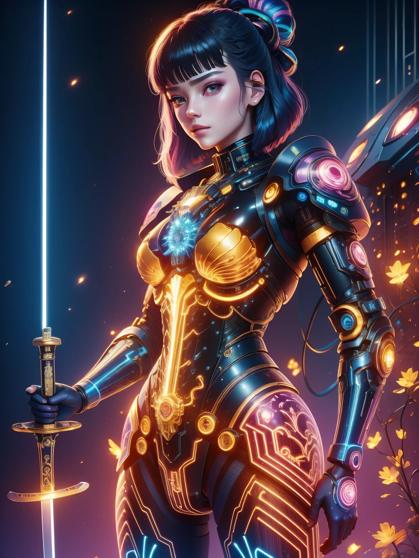 (Neon)，Circuit Board，(1 Mechanical Girl)，(Holding a sword:1.4)，shadow，Super sharp，(Metal)，(Cool colors)，Rendering on cgsociety，Facing the camera，Mechanical limbs，Mechanical cervical vertebra hanging on the neck，(Ghost in the Shell:1.3)，Anime art style，Looking at the audience，(Ultra-realistic details)，玻璃般闪闪Luminescence的眼睛，模糊dream，Muscle tone and definition，High contrast eyes，finely detailed features，Stunning colors，Movie lighting effects，Ultra wide angle，Light Particles，Light Particles艺术，(Luminescence:1.1), adamxl acg，(Exquisite and perfect demeanor:1.3)，(dream)，(Ultra HD, masterpiece, precise, Anatomically correct, textured skin, High Detail, high quality, The award-winning, 8k), Over_shoulder