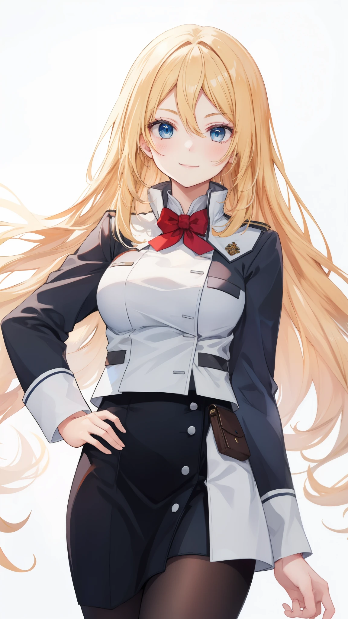 blonde hair,blue eyes,long hair,smile,,,,solo,militaly uniform,white back ground,cowboy shot,standing,from front