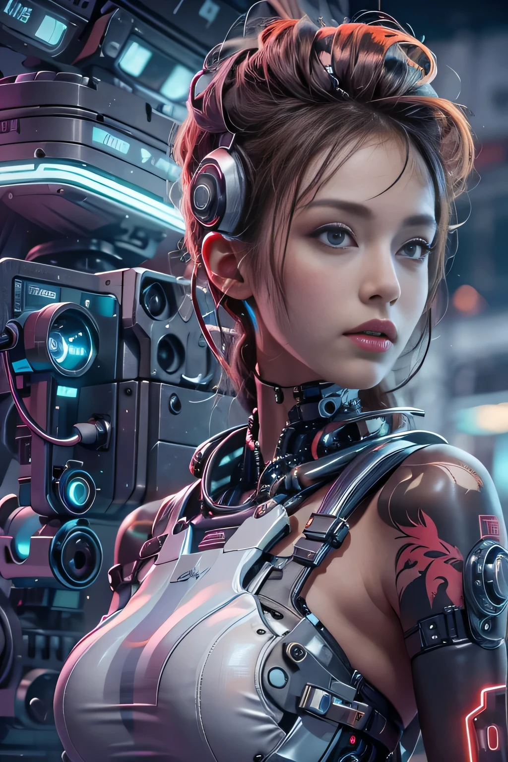 Realistic picture 8k，Chicks with tattoos,Beautiful pictures of machinery,hips up,Girl in futuristic cybernetic costume，