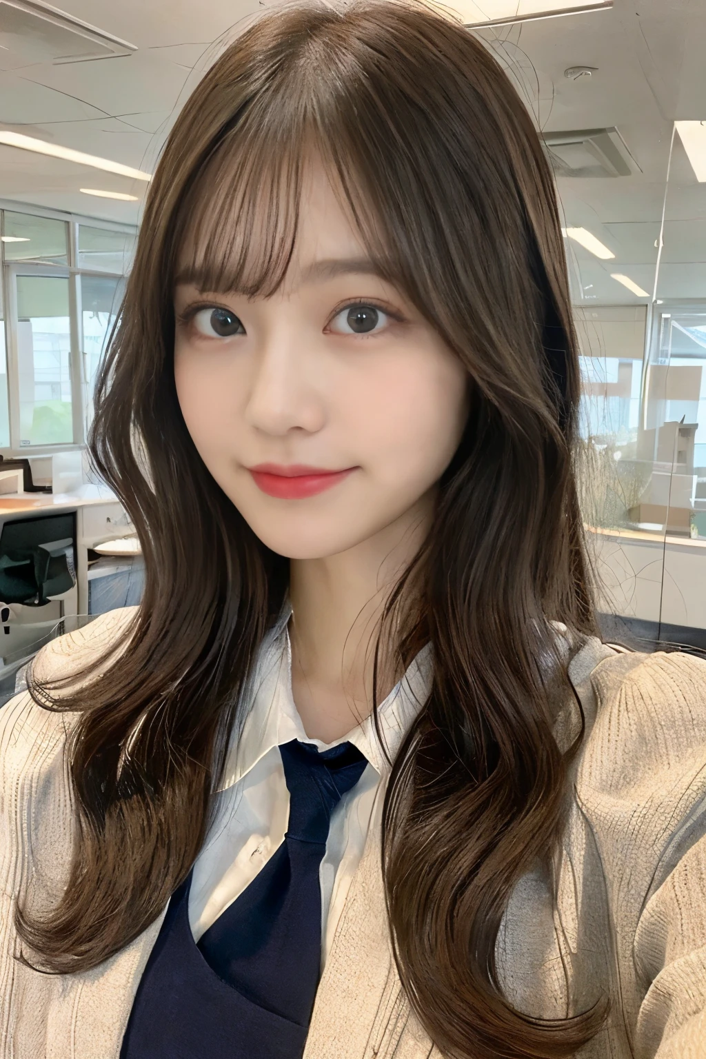 ((highest quality, 8k, masterpiece: 1.3)), upperbody shot, One girl, ((office)), (Casual long hair), Stylish suits, Very beautiful face, Delicate eyes, double eyelid, smile,