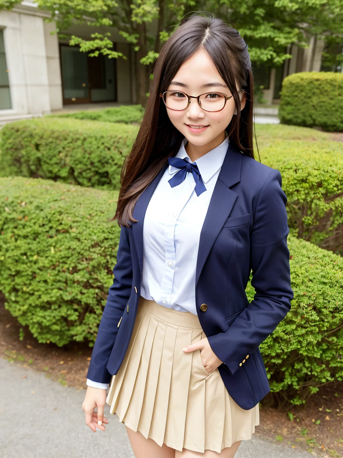 masterpiece, High resolution, Portraiture, highest quality, High resolution,
Realistic, alone, school blazer uniform,  School classroom during the day,Smiling and showing beautiful teeth,(Braid),No exposure、((Bulging breasts in the middle of growth))、((Very young face))、((Small woman))、((A blazer uniform that reveals the shape of the breasts))、Beautiful legs、(whole body)、(Color)、((Long pleated skirt))、Glasses、Plain face