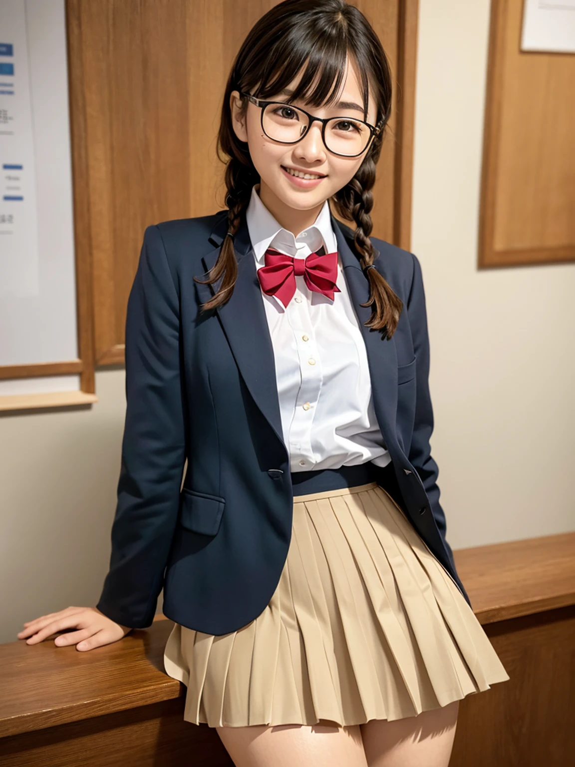masterpiece, High resolution, Portraiture, highest quality, High resolution,
Realistic, alone, school blazer uniform, School classroom during the day,Smiling and showing beautiful teeth,(Braid),No exposure、((Bulging breasts in the middle of growth))、((Very young face))、((Small woman))、((A blazer uniform that reveals the shape of the breasts))、Beautiful legs、(whole body)、(Color)、((Long pleated skirt))、Glasses、Busaic face