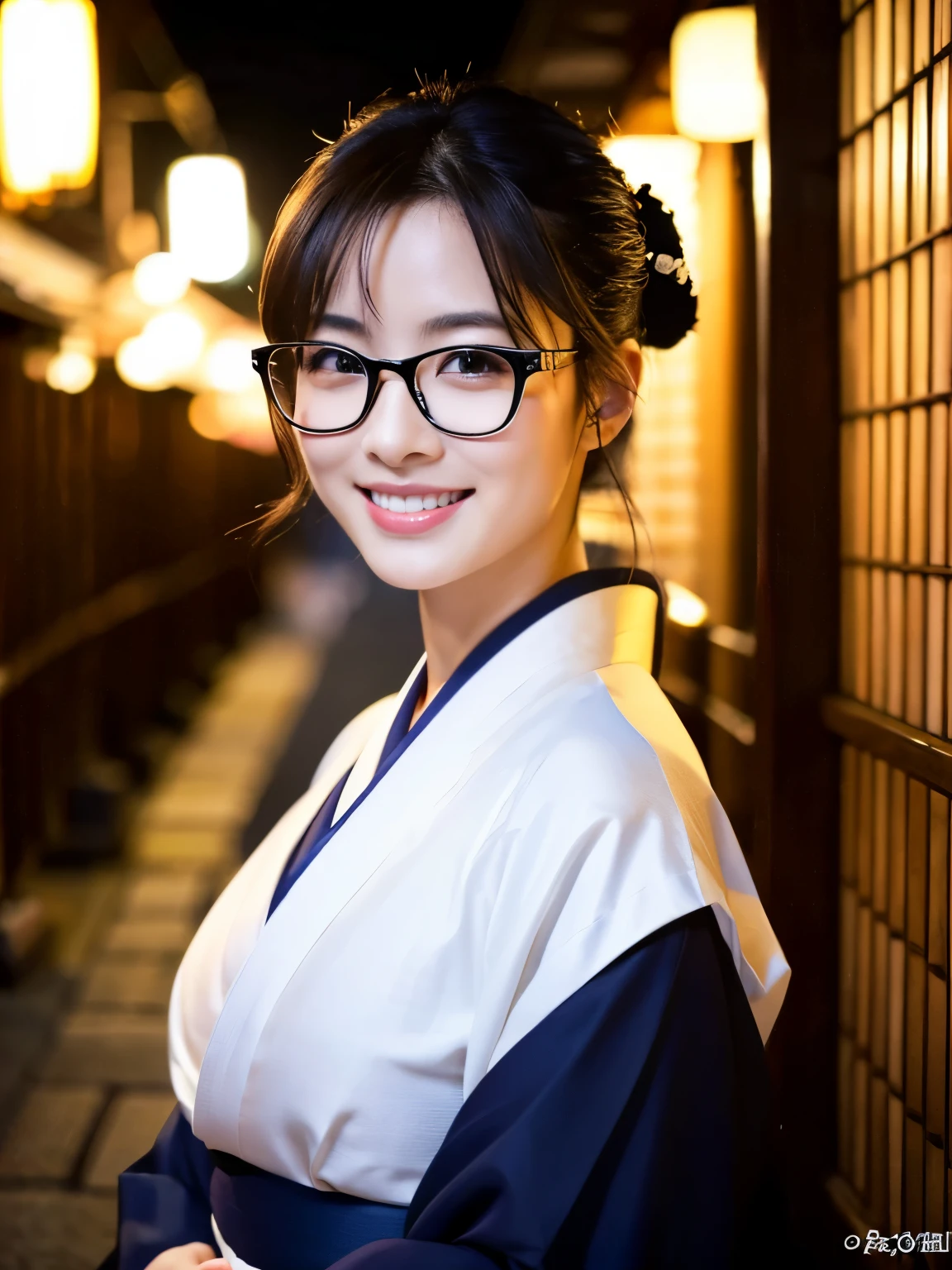 (Super beautiful woman in kimono)、((highest quality、8K masterpiece:1.3))、sharp focus:1.2、(super beautiful face:1.0)、(shiny skin:1.0)、realistic pictures、black hair、video lighting、High resolution eyes and face、video lighting、japanese actress、from the front、big breasts、with a happy smile、Slender abs beauty、whole body、wearing a kimono、in Kyoto、luxury obi、In Kyoto at night、wearing glasses with no edge