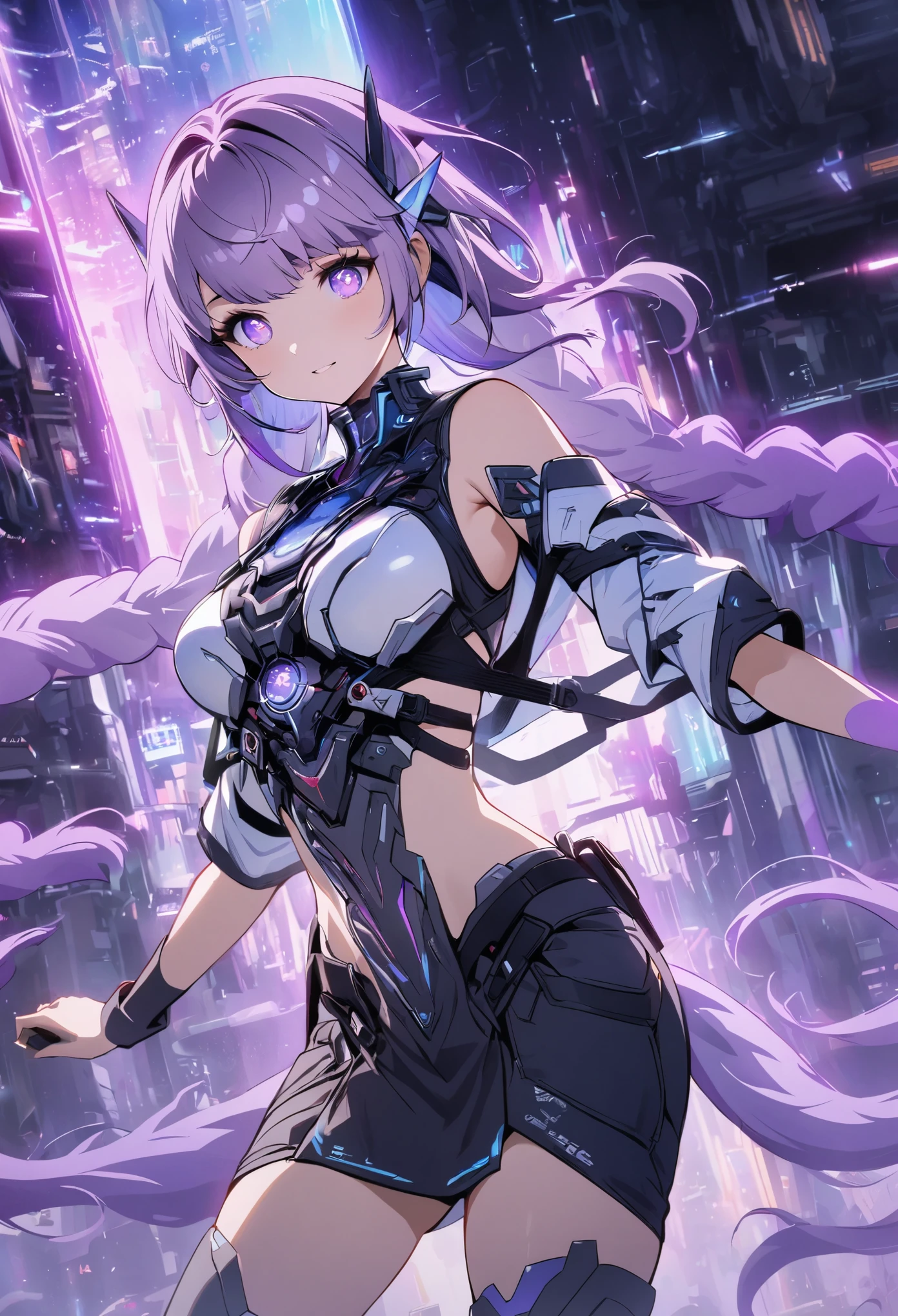 A girl，Gradient purple hair，Double tail，Purple pupils，Blue-purple hue，The background is a blue science fiction scene，Neon，FF15 style, Perfect robot girl，Atmospheric lighting effect