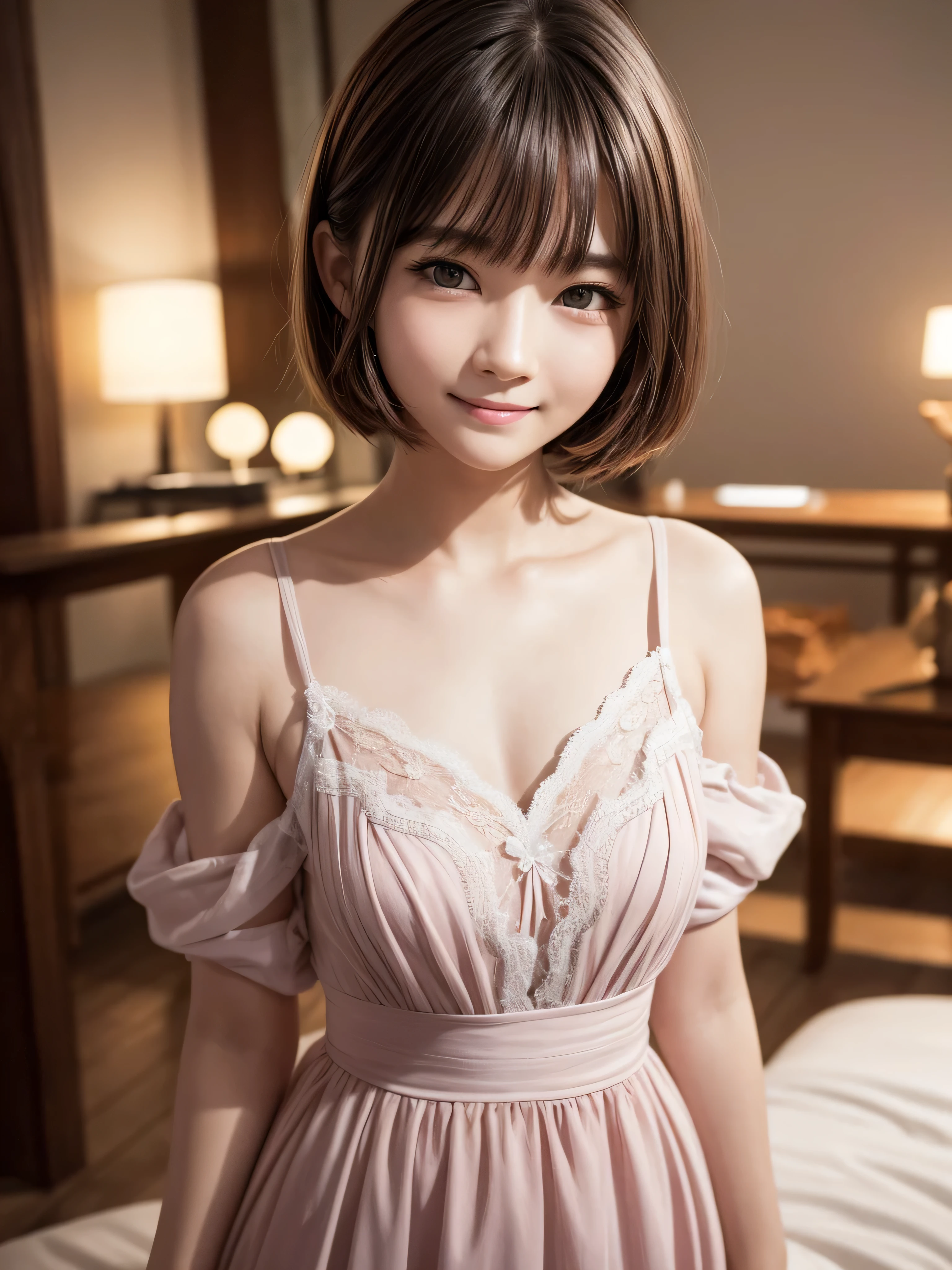 ((of the highest quality, 8K, masutepiece: 1.3, Raw photo)), Sharp Focus: 1.2, (1 AESPA Girl :1.1), Solo, (Realistic, Photorealistic: 1.37), (Face Focus: 1.1), Cute face, hyperdetailed face, short messy hair, Small Smile, small breasts, flat chest, full nude, (Off-the-shoulder chiffon dress: 1.1), (Sitting with one knee up: 1.2), bedroom, on the bed, flower, iris