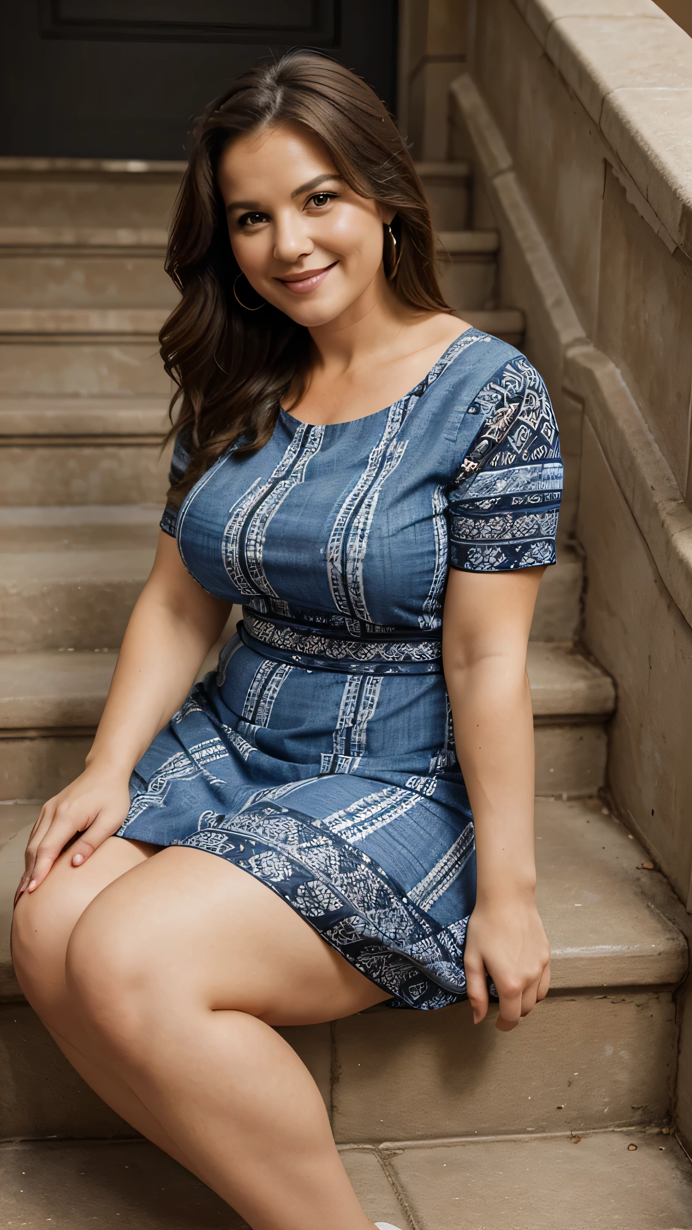 A beautiful and hot almost chubby mature  woman.. who is wearing a patterned dress. and sitting on the stairs. A smiling face.