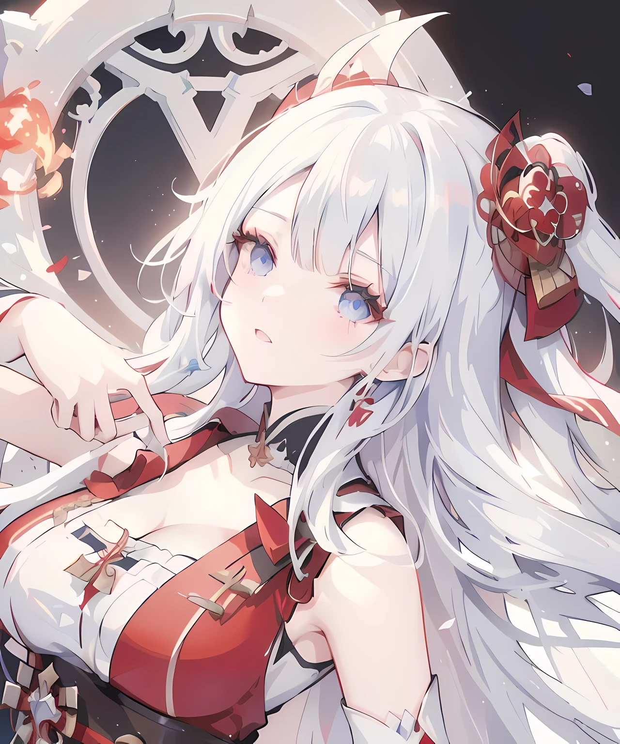 anime girl with white hair and red dress posing for a picture, blue eyes, white haired deity, ayaka genshin impact, edelgard fire emblem, characters from azur lane, ayaka game genshin impact, edelgard from fire emblem, cushart krenz key art feminine, shalltear bloodfallen, azur lane style, from the azur lane videogame