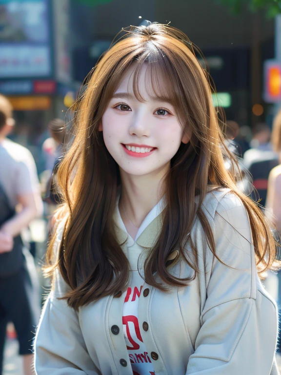 (highest quality, 8k, 32k, masterpiece, Ultra-high resolution:1.2), Ultra-high resolution, (Cute Korean Teenage Girl), Baby Face, Big Breasts, (whole body), Beautiful fine details, Long brown hair, bangs, A light smile, (Busy street in the city:1.3), (Detailed Background:1.3)