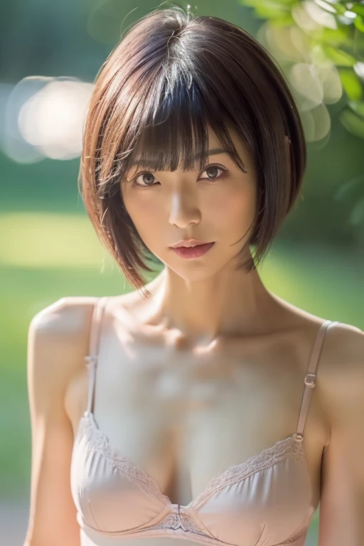 ((Top Quality, 8k, Masterpiece: 1.4)), japanese woman, ((blush, very short bob cut, skinny:1.2)), ((30 years old:1,2)), ((looking at viewer:1.4)),bra