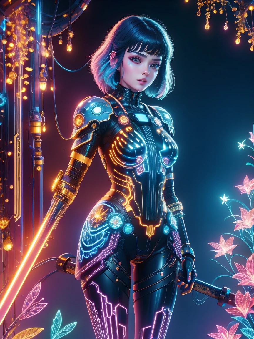 (Neon)，Circuit Board，(1 Mechanical Girl)，(Holding a sword:1.4)，shadow，Super sharp，(Metal)，(Cool colors)，Rendering on cgsociety，Facing the camera，Mechanical limbs，Mechanical cervical vertebra hanging on the neck，(Ghost in the Shell:1.3)，Anime art style，Looking at the audience，(Ultra-realistic details)，玻璃般闪闪Luminescence的眼睛，模糊dream，Muscle tone and definition，High contrast eyes，finely detailed features，Stunning colors，Movie lighting effects，Ultra wide angle，Light Particles，Light Particles艺术，(Luminescence:1.1), adamxl acg，(Exquisite and perfect demeanor:1.3)，(dream)，(Ultra HD, masterpiece, precise, Anatomically correct, textured skin, High Detail, high quality, The award-winning, 8k), Over_shoulder