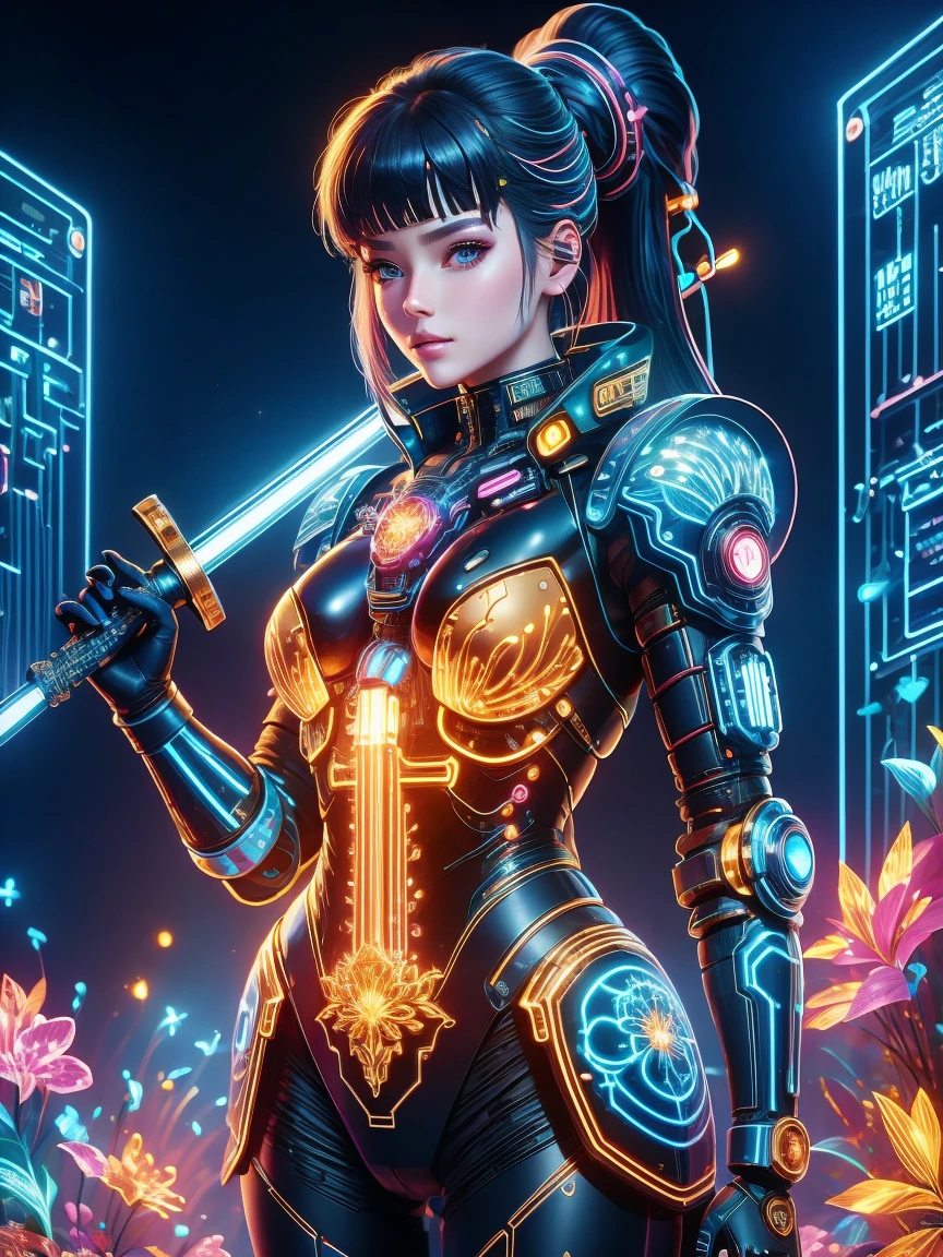 (Neon)，Circuit Board，(1 Mechanical Girl)，(Holding a sword:1.4)，shadow，Super sharp，(Metal)，(Cool colors)，Rendering on cgsociety，Facing the camera，Mechanical limbs，Mechanical cervical vertebra hanging on the neck，(Ghost in the Shell:1.3)，Anime art style，Looking at the audience，(Ultra-realistic details)，玻璃般闪闪Luminescence的眼睛，模糊dream，Muscle tone and definition，High contrast eyes，finely detailed features，Stunning colors，Movie lighting effects，Ultra wide angle，Light Particles，Light Particles艺术，(Luminescence:1.1), adamxl acg，(Exquisite and perfect demeanor:1.3)，(dream)，(Ultra HD, masterpiece, precise, Anatomically correct, textured skin, High Detail, high quality, The award-winning, 8k), Over_shoulder