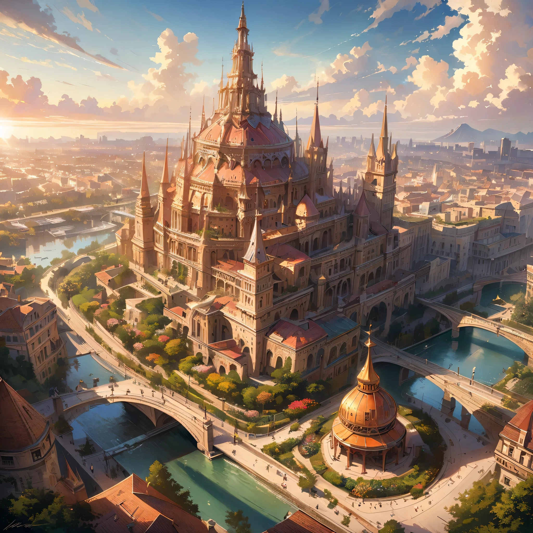 (best quality,4k,highres,masterpiece:1.2),ultra-detailed,(realistic,photorealistic,photo-realistic:1.37),fantastical floating city in the sky,ethereal atmosphere,dreamy clouds floating around the city,majestic golden sunlight shining through the clouds,impressive city structures with intricate architectural details,towering spires and ornate rooftops,picturesque bridges and walkways connecting different parts of the city,lush green gardens and vibrant flowers scattered throughout,cheerful inhabitants enjoying the magical scenery and going about their daily lives,soft colors and pastel tones, creating a whimsical and enchanting ambiance,illuminated by a soft warm glow from the city lights,creating a magical and captivating atmosphere from dawn till dusk.
